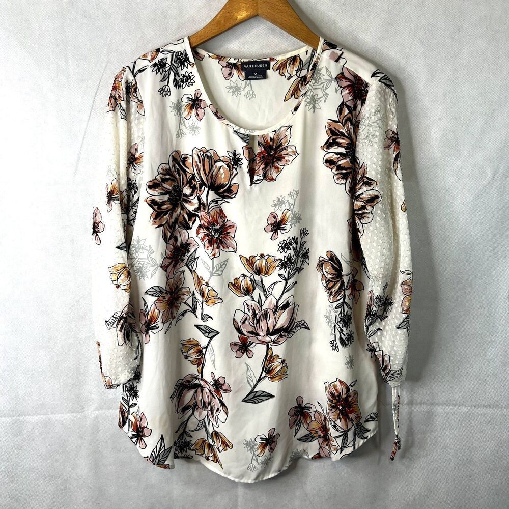 Van Heusen Floral Print Lightweight Sheer‎ Blouse Medium Cottage Core